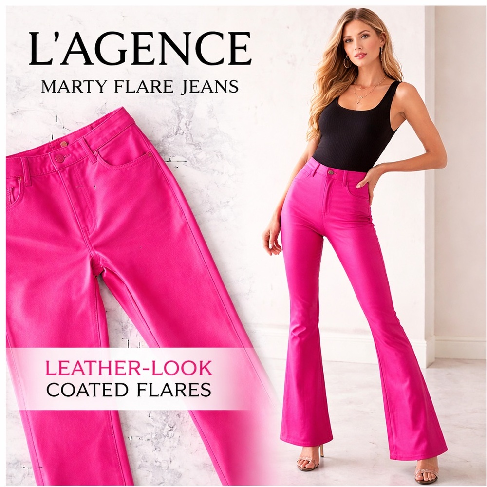 NWT L’AGENCE Marty High Rise Flare Coated Jeans Fuchsia Pink Leather Look Sz 26 - Picture 2 of 15